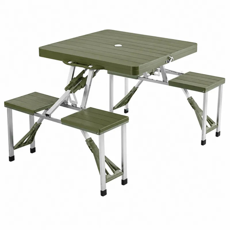 Sk?adany st¨®? piknikowy z ?awkami aluminiowy zielony 85x72x67 cm