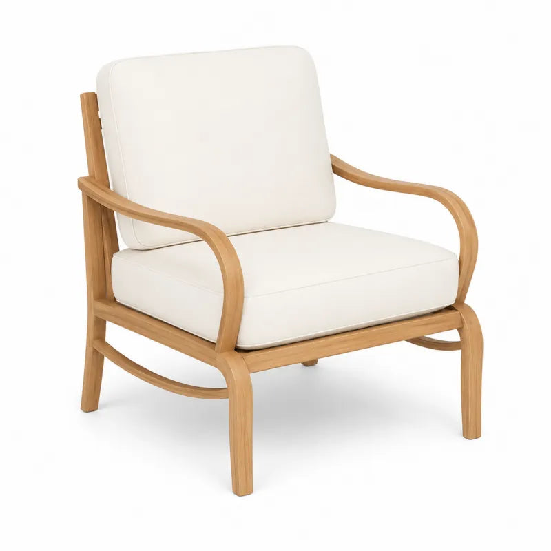 Fotel z drewna teak z kremowymi poduszkami