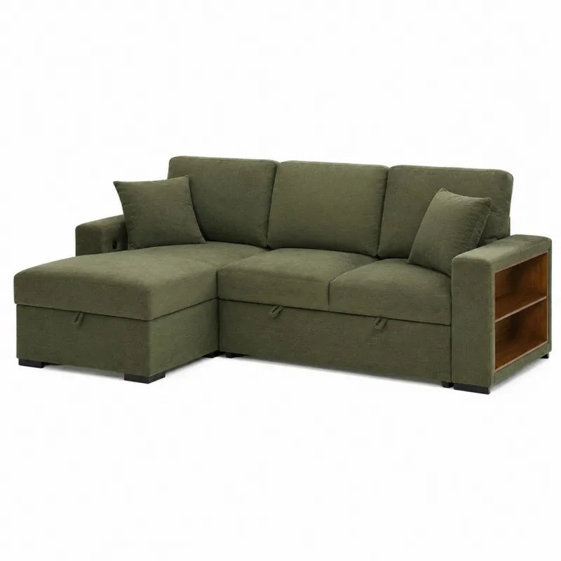 Zielona modu?owa sofa naro?na z tkaniny 230x150 cm z p¨®?kami