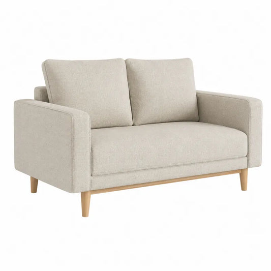 Dwuosobowa sofa z tkaniny be?owej z drewnianymi nogami
