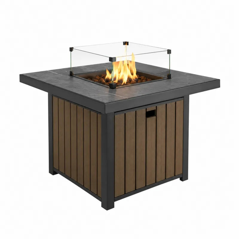 Kwadratowy st¨®? ogrodowy z paleniskiem hartowane szk?o stal drewno 100cm