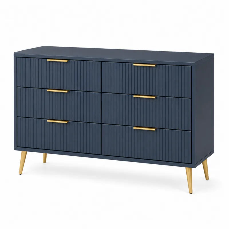 Granatowa komoda z 6 szufladami z MDF i metalowymi nogami