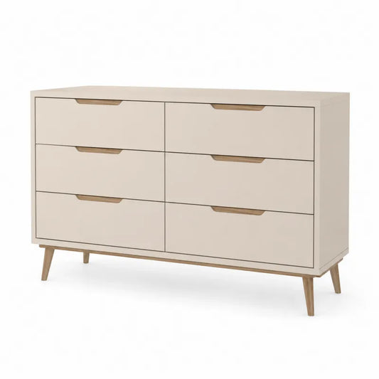 Komoda sze?cioszufladowa z drewna d?bowego i MDF, kremowa, 120 cm